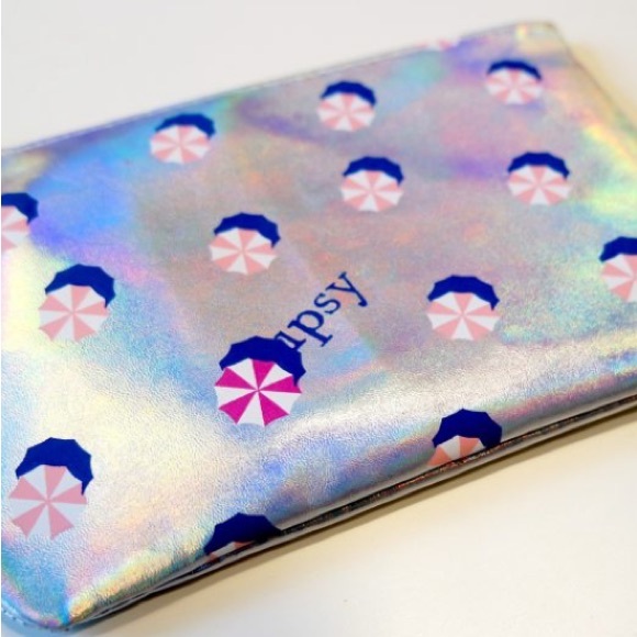 3/$10 Ipsy Glam Bag New July 2016 Umbrellas Silver Holographic Cosmetics Bag - Picture 1 of 9